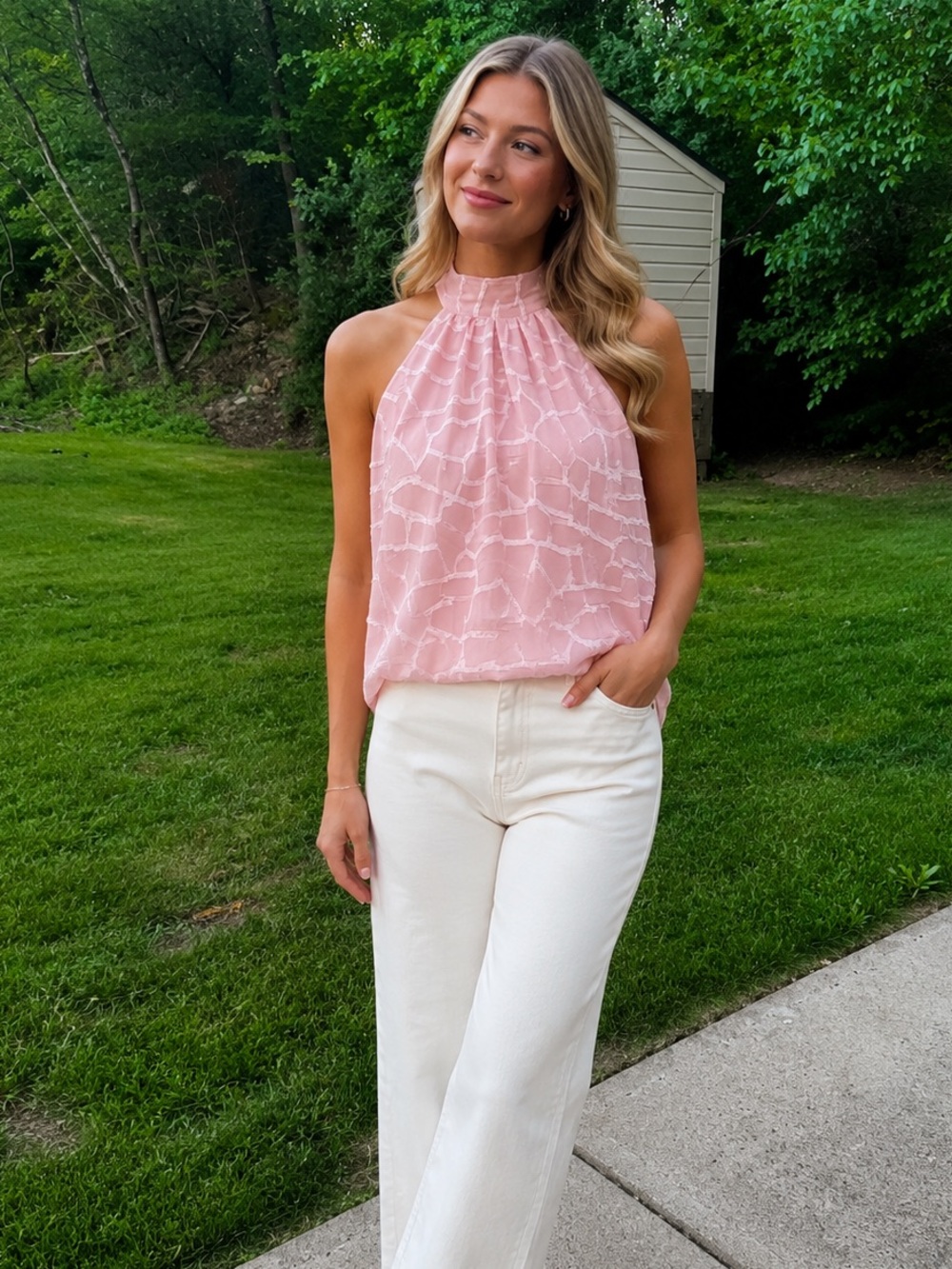 White House Black Market Pink Textured Halter Blouse